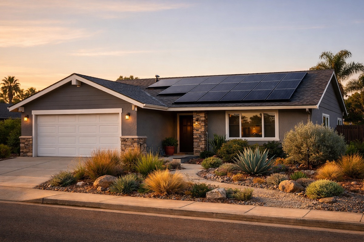 House with rooftop solar panels in San Diego