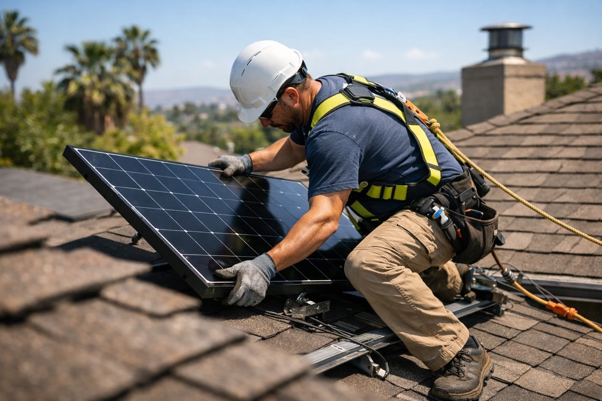 Professional solar installer working on a roof in San Diego